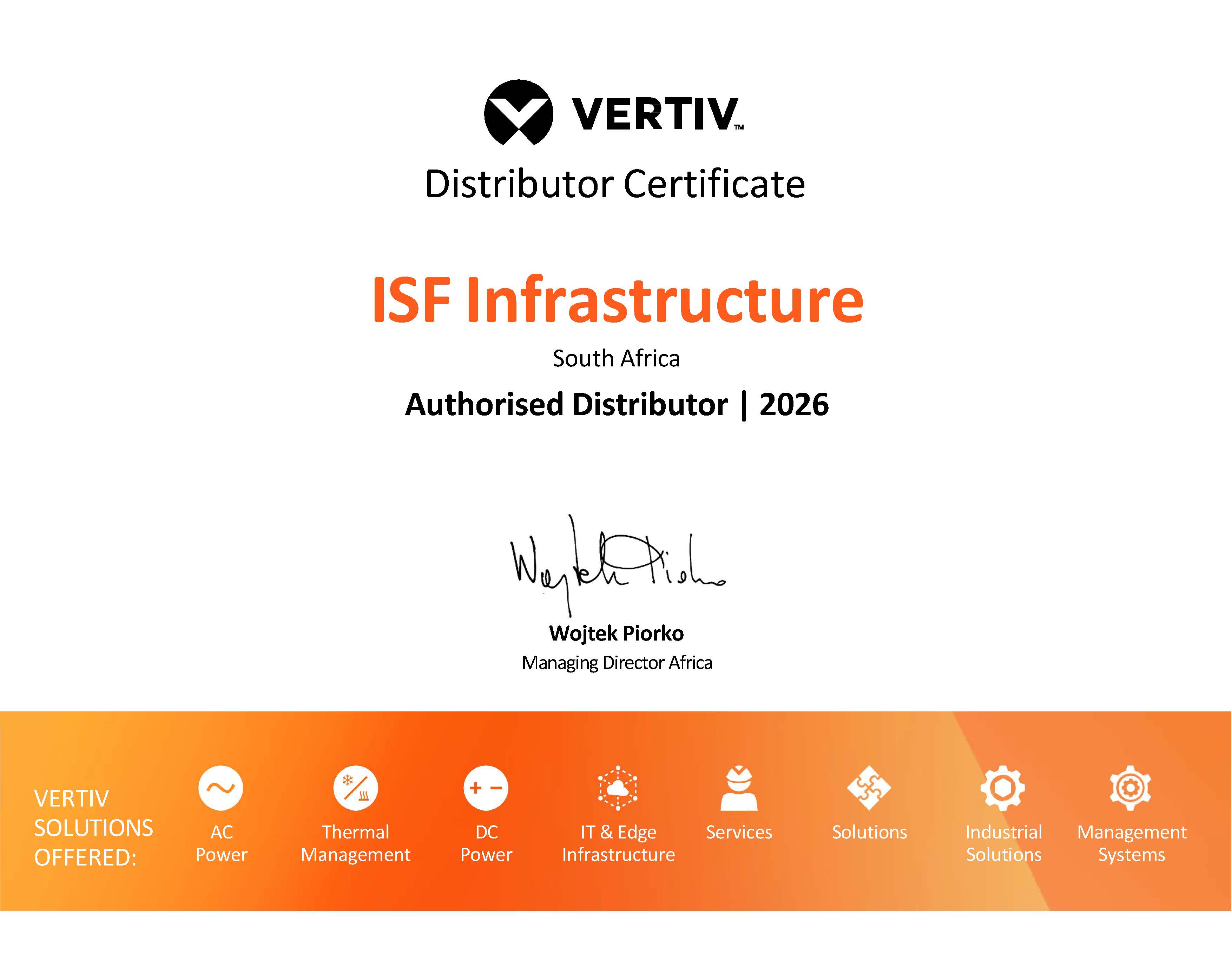 Vertiv Global Distributor Certificate 2026 — ISF Infrastructure
